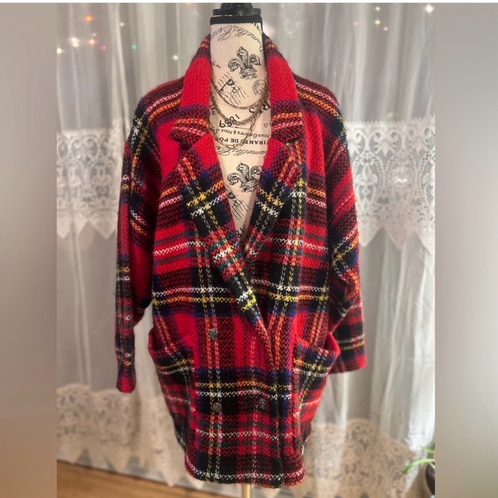 Vintage I.B. Diffusion Mohair Wool Plaid Coat - Red Tartan Double Breasted Sz M